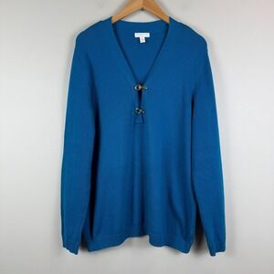 Charter Club Sweater Women's 1X Blue Gold Toggle Front Knit Long Sleeve Classic